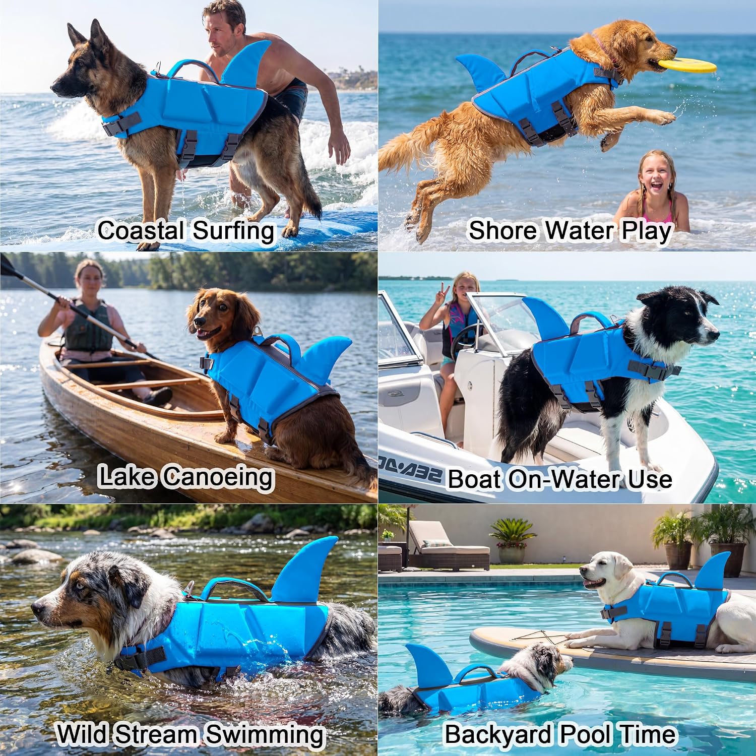 Six water activity scenarios: surfing, wading, boating, pool, swimming